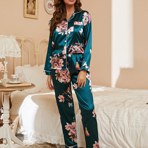 Satin Floral Detail Pajama Set