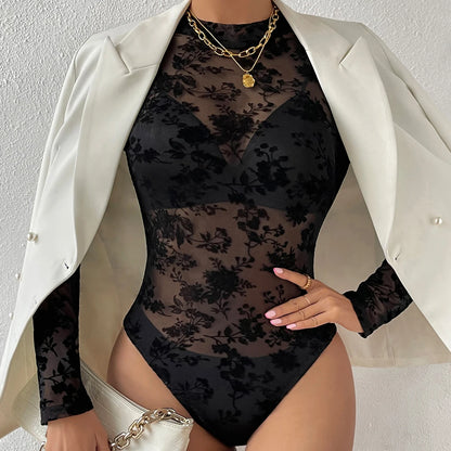 After Hours Floral Lace Sheer Mesh Bodysuit — Long Sleeve